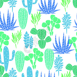 多肉植物仙人掌植物矢量无缝模式植物蓝色和绿色沙漠植物织印花用于墙纸窗帘桌布的家庭花图片