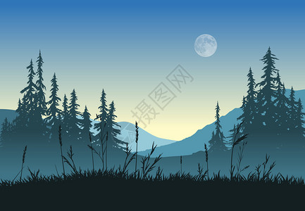 黎明,黎明时分满月的乡村景观eps版本10月亮插画
