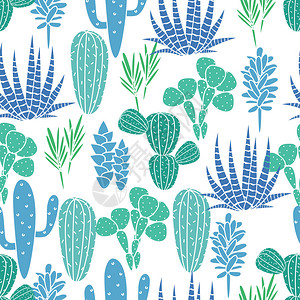 多肉植物仙人掌植物矢量无缝模式植物蓝色和绿色沙漠植物织印花用于墙纸窗帘桌布的花图片