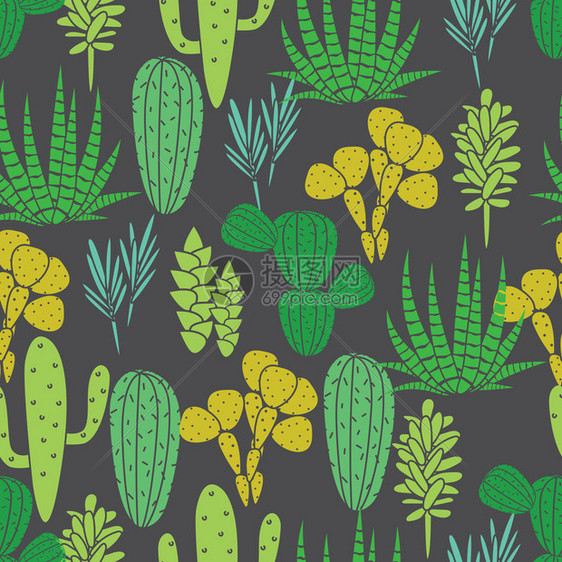 多肉植物仙人掌植物矢量无缝模式植物黑色和绿色沙漠植物织印花用于墙纸窗帘桌布的花图片