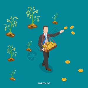 投资等距平面矢量概念人正在和播种硬币来种植金钱树进行投资业务增长众背景图片