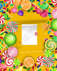 五颜六色的糖果背景与棒糖和橙片的插图图片