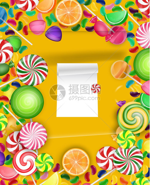 五颜六色的糖果背景与棒糖和橙片的插图图片