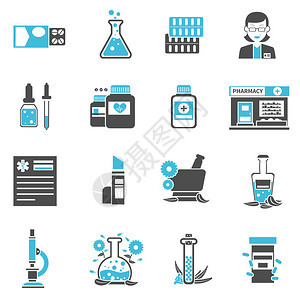 药理和药剂及植物黑和蓝色图标设置孤背景图片