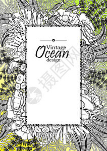 鱼贝壳海藻和珊瑚以黄绿色背景的线条艺术风格绘制图片