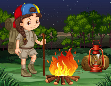 站在篝火旁的小女孩插画图片