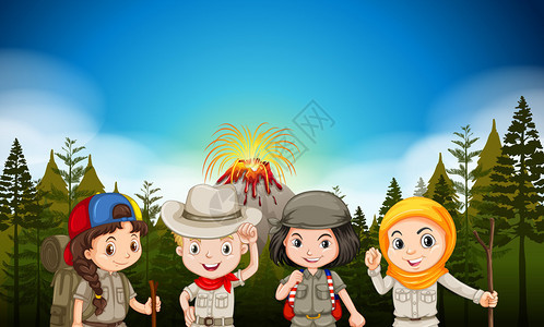孩子们穿着登山服看火山插画背景图片