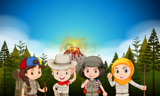 孩子们穿着登山服看火山插画图片