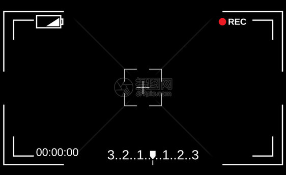 相机取景器相机的模板对焦屏取景器相机记录黑色背景上的视频图片