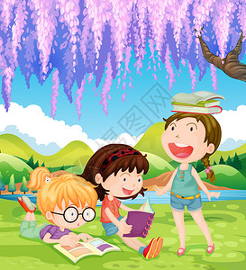 白天在公园看书的女孩插画图片