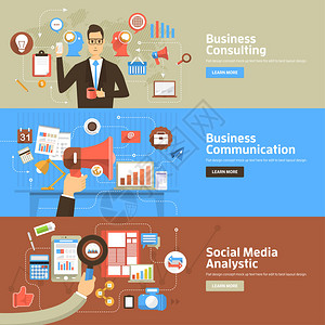商业咨询通信社交媒体分析的平面设计概念网页横幅和宣图片
