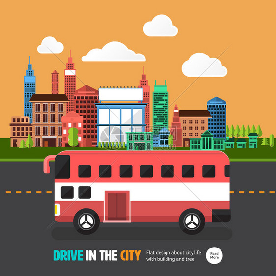 具有城市背景的公路上的平板设计自动客车概念城市中的驾驶图片