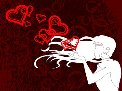 一个女人在又脏臭的红色背景下飞吻的白色剪影图片素材