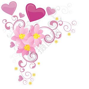 粉红色的心与花朵和蝴蝶隔离在白色背景图片