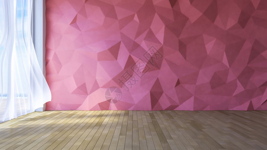 阁楼风格房间的3ds渲染图像粉红色低多边形碎裂混凝土墙被风吹起的白色织物窗帘窗户的阳光和木图片