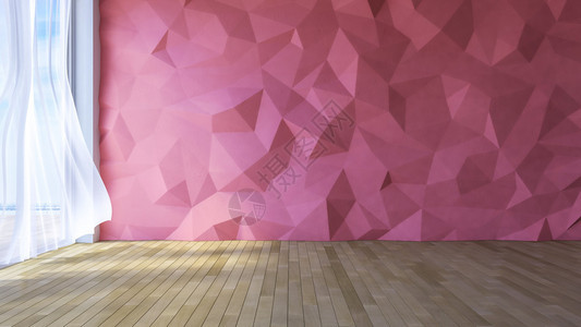 阁楼风格房间的3ds渲染图像粉红色低多边形碎裂混凝土墙被风吹起的白色织物窗帘窗户的阳光和木背景图片