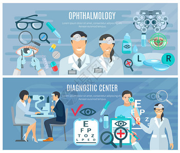 用于视力测试和矫正的眼科诊断中心2个平面水平横幅设置抽图片