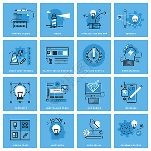 一套平面设计创意过程网页设计和开发的细线概念图标图片