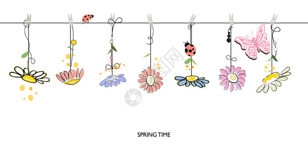 春季花卉边框背景与悬挂五颜六色的雏菊矢量图片
