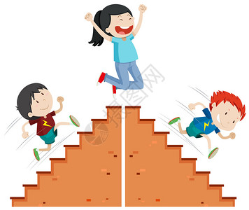 正版插画  |男孩在楼梯上和楼梯下跑正版插画  |矢量卡通插图绘制关于