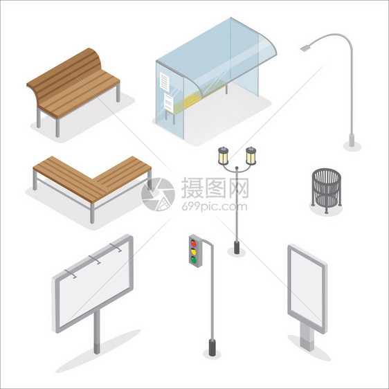 城市对象红绿灯城市长凳巴士车站路灯广告牌垃圾箱城市之光等距对象等距图片