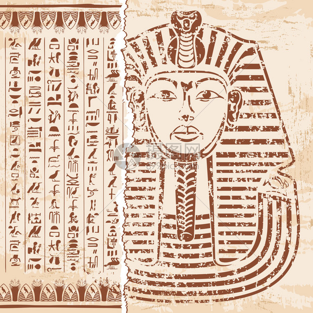 埃及法老的面具装饰品和象形文字在蜜蜂背景上的矢量说明图片
