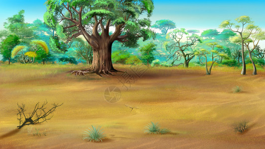 夏季非洲草原的数码绘画与背景上的巨型芭拉Ba图片