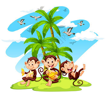 三只猴子吃香蕉插图图片