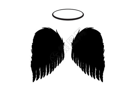 白色背景上的黑色天使翅膀和光环的轮廓矢量天使羽毛图片