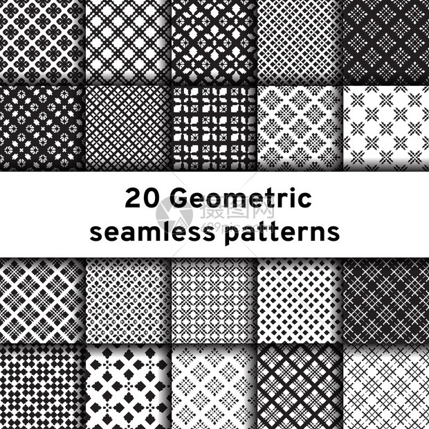 20个单色无缝模式集通用的不同矢量模式几何装饰品收集图片