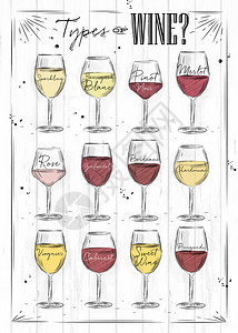 海报主要类型的葡萄酒起泡酒长相思黑比诺梅洛玫瑰仙粉黛波尔多霞多丽维欧尼赤霞珠勃艮第用粉笔在木材背景上以图片