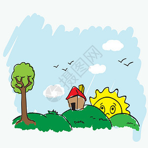 与房子树和太阳的风景涂鸦背景图片