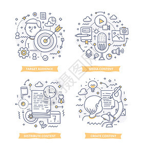 创建和分发有价值的相关内容以吸引目标受众的涂鸦插图图片