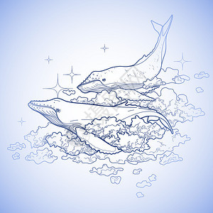 图形鲸鱼在天空中飞翔孤立在白色背景上的海洋和海洋生物蓝色的矢量幻想艺术成人和儿童的着图片