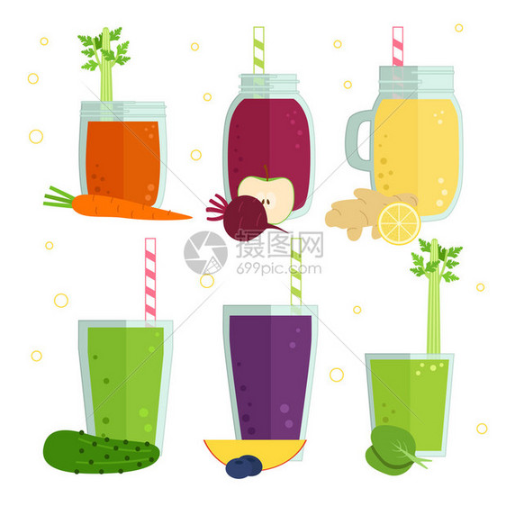 排毒水果和蔬菜鸡尾酒冰沙的矢量插图集咖啡厅或餐厅设计菜单的美味套装健康生活的新图片