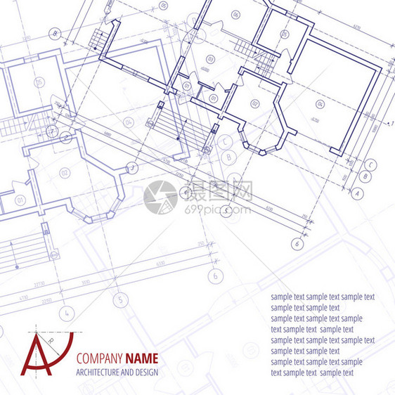 建筑矢量背景蓝色建筑计划剪影和A字母标志建图片