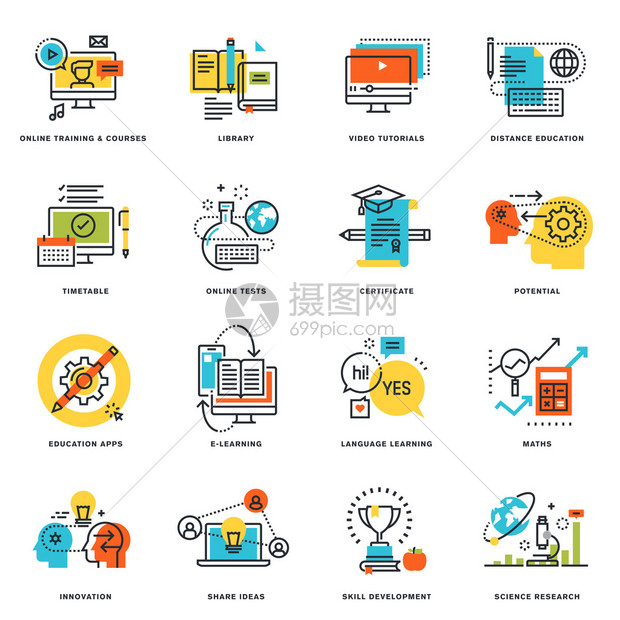 在线教育和电子学习的扁平线设计图标集用于图形和网页设计和开发的矢量插图概念图片