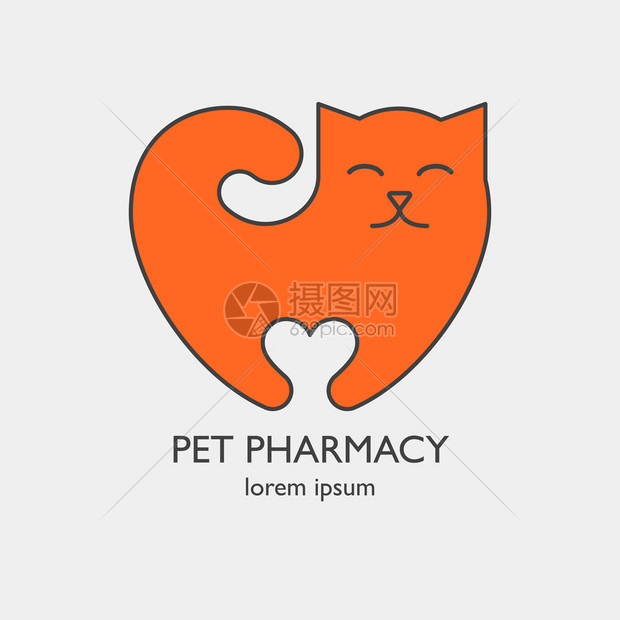 用于兽医诊所或宠物店的心形猫的单一标志简单的平面图标易于使用和编辑矢量橙色标志模图片