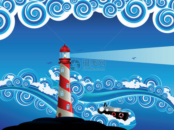 帆船和灯塔在蓝色风格化的风雨如磐的大海图片