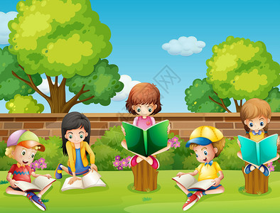 孩子们在花园里看书插画图片