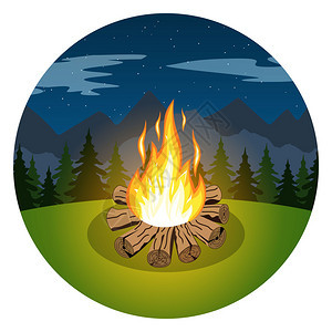 卡通篝火在树木和山脉图标的夜景上篝火体育旅游的质野营到山和森林的旅程矢量图夏季旅图片