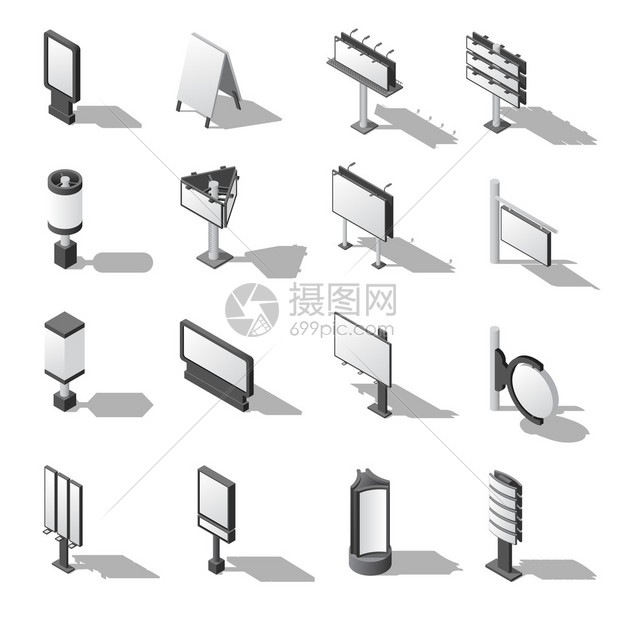 街头广告图标集招牌等距矢量图广告牌符号空白广告牌设计集招牌模板集合广图片