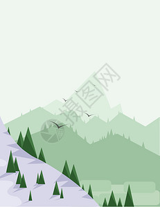 与雪鸟和绿色小山的抽象风景图片