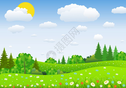 含有草地和花卉的夏季景观森林自然景观病媒背景用平板设图片