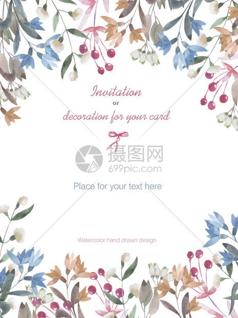 背景带有水彩树枝花朵和浆果的花卉装饰的模板明信片图片