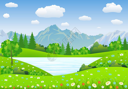 带草地和山丘的夏季风景湖泊和森林自然景观病媒背景图片