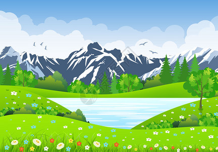 带草地和山丘的夏季风景湖泊和森林自然景观病媒背景图片
