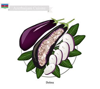 阿塞拜疆菜多尔马或传统烹饪稻米和配有茄子植物的肉类图片