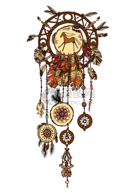 手绘与带有羽毛的墨水捉民族插图部落美洲印第安人传统象征部落主题图片