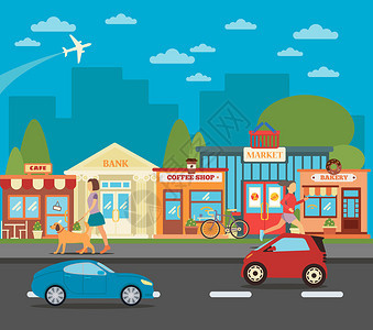 小城镇拥有商店活跃人口和汽车的城市背景图片